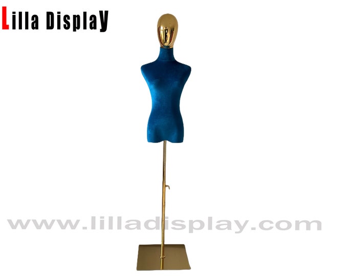 Adjustable Gold Base Gold Head Blue Velvet Female Mannequin Dress Form Carla
