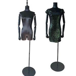 Black Round Base Black Wooden Arms Black Satin Female Mannequin Dress Form Zendaya