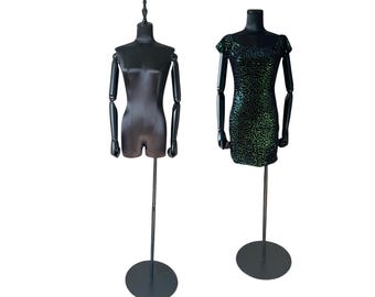 Black Satin Female Mannequin Dress Form: Wooden Arms, Round Base