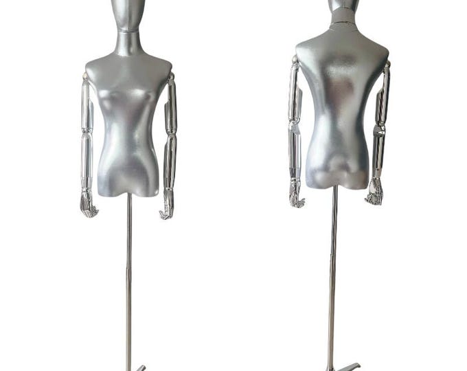 Silver Tripod Base Metallic Silver Color Female Mannequin Dress Form Monica