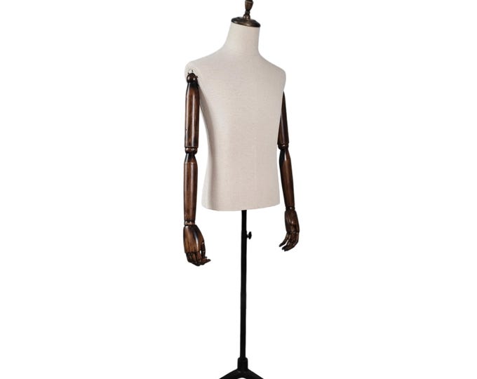 Black Base Natural Linen Male Dress Form Julius: Dark wooden Arms  Wooden Neck Cap