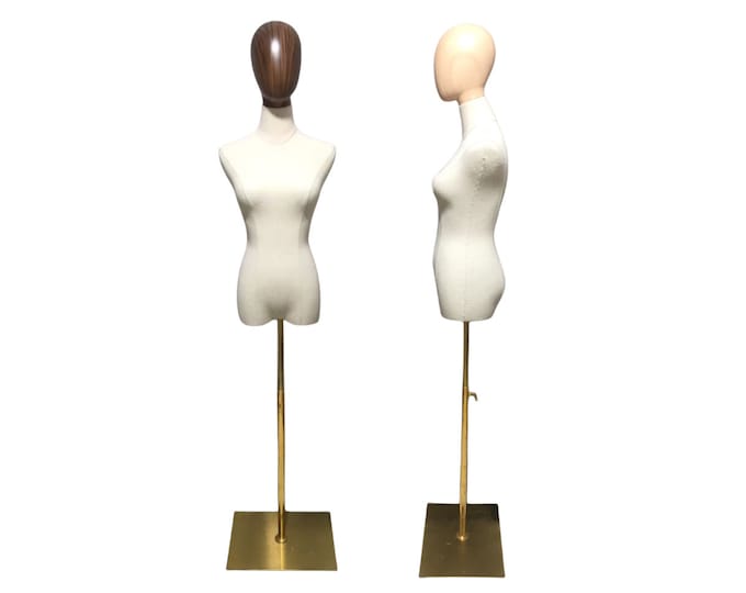 Adjustable Gold Base Wooden Mannequin Head Linen Female Mannequin Dress Form Laura