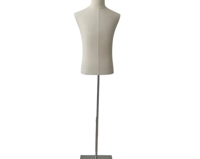 Adjustable Silver Base Natural Linen Male Mannequin Dress Form Isak