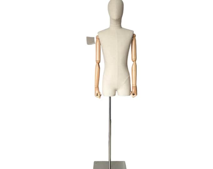 Pinnable Adjustable Silver Base Wooden Arms Male Mannequin Dress Form Heather