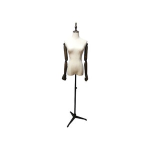 Adjustable Black Tripod Base Antique Wooden Arms Linen Female Mannequin Dress Form Bella