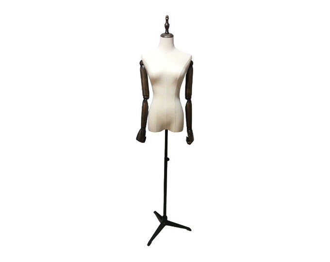 Adjustable Black Tripod Base Antique Wooden Arms Linen Female Mannequin Dress Form Bella