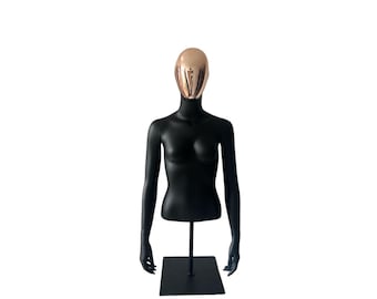Black Square Base Black Matt Gold Face Shield Female Mannequin Torso FB-1