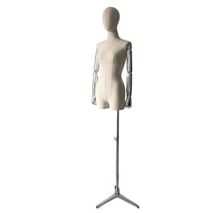 Adjustable Silver Tripod Base Silver Arms Natural Linen Female Mannequin Dress Form Noelle