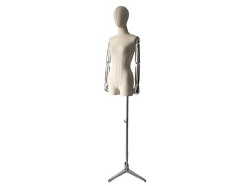 Adjustable Silver Tripod Base Silver Arms Natural Linen Female Mannequin Dress Form Noelle