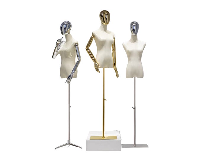 Silver Tripod Base Silver Chrome Head Natural Linen Female Mannequins Dress Form Cindy