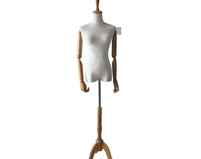 Cream White Velvet Mannequin Dress Form: Wooden Base & Arms