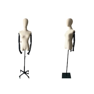 Black Wheel Base Black Wooden Arms Linen Female Mannequin Dress Form Blake