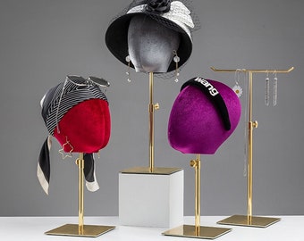 Tête de Manneqiuin féminine en velours coloré à Base carrée réglable en or pour présentoir à chapeaux