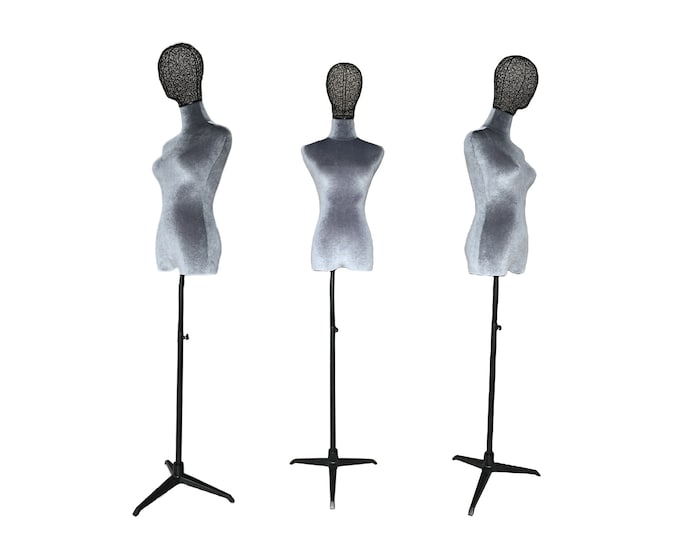 Adjustable Black Tripod Base Gray Velvet Black Wire Head Female Mannequin Dress Form Gabriela