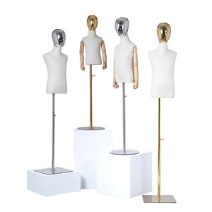 Testa di manichino in oro regolabile per 4 età, base in oro, manichino per bambini unisex in lino bianco, forma Hayden
