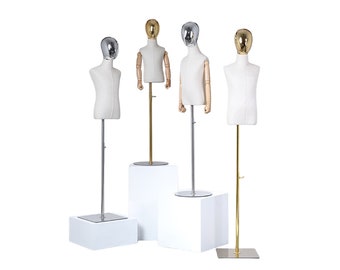 Adjustable Child Mannequin Dress Form: White Linen, Gold Base, Gold Head