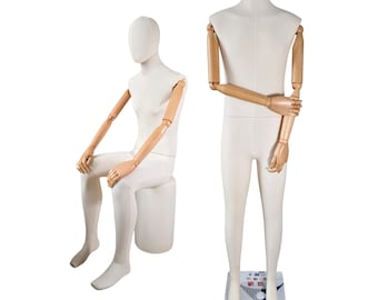 Full Body Natural Linen Sitting Male Mannequin Dress Form Dario:Natural woooden Articulated Arms
