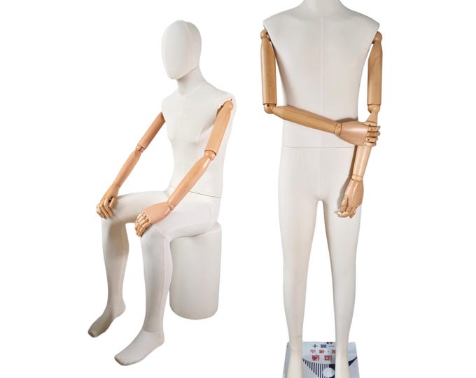Full Body Natural Linen Sitting Male Mannequin Dress Form Dario:Natural woooden Articulated Arms