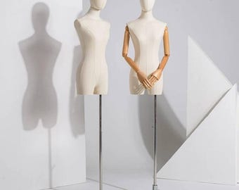 Adjustable Silver Square Base Wooden Articulated Arms Natural Linen Female Mannequin Dress Form NadiaS