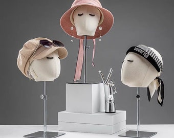 Chapeaux Présentoir Perruques Présentoir Réglable Argent Base Carrée Lin Femme Mannequin Tête Jasmin