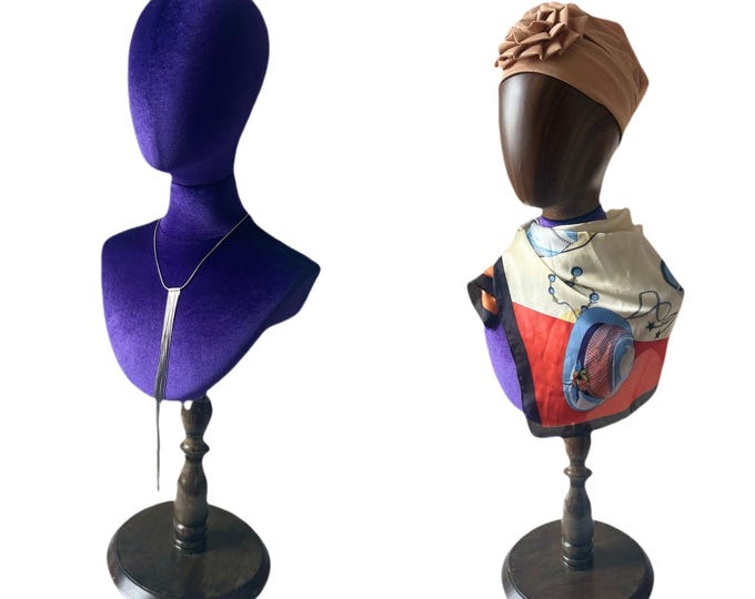 Indigo Purple Velvet Dark Wooden Base Female Mannequin Head Bust Stand Daisyv