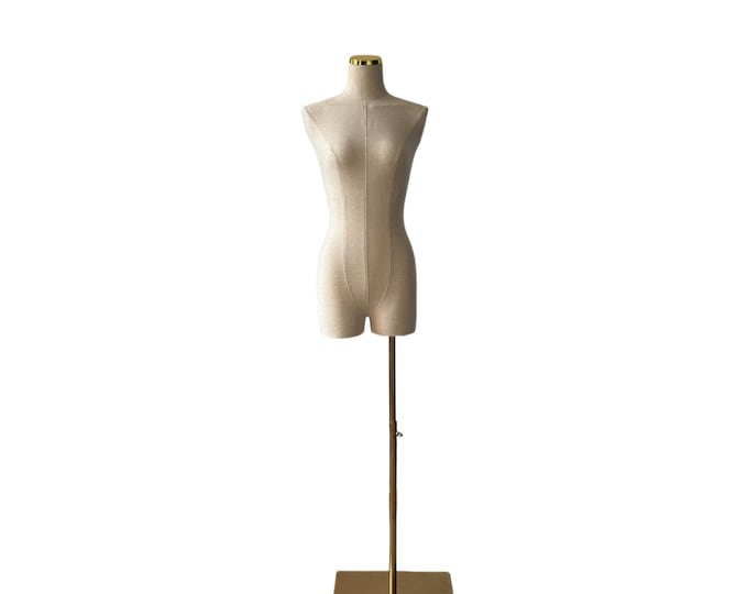 Adjustable Linen Female Mannequin Torso: Gold Base, Flat Cap