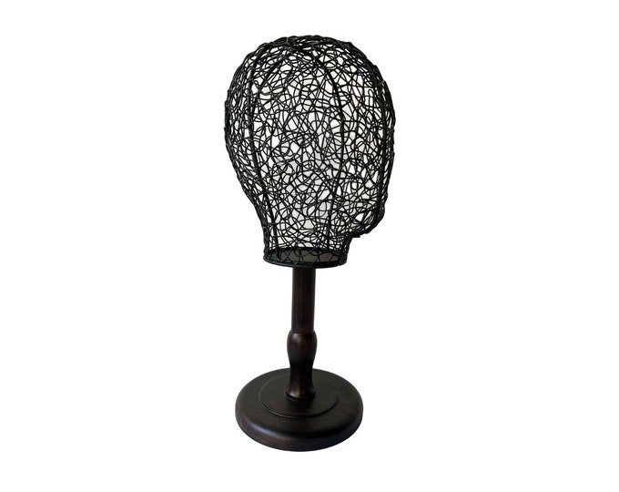 Dark Wooden Base Black Metal Wire Unisex Mannequin Head Kai