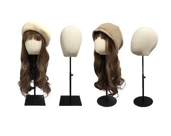 Tête de Mannequin féminine en lin naturel, Base carrée noire réglable, Nico pour affichage de chapeaux et de perruques