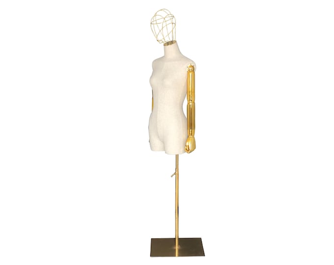 Wire Gold Head Gold Articulated Arms Linen Female Mannequin Dress Form Autumn