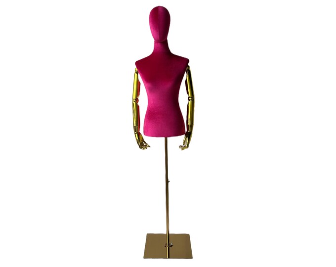 Gold Adjustable Base Gold Articulated Arms Hot Pink Velvet Mannequins Female Dress Form Emily