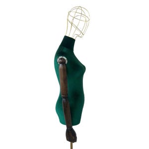 Green Velvet Mannequin Dress Form: Gold Base, Wooden Arms, Wire Head