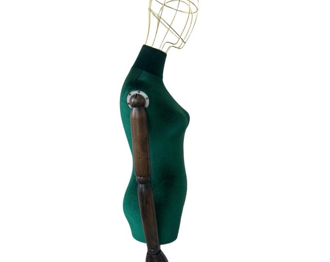 Green Velvet Mannequin Dress Form: Gold Base, Wooden Arms, Wire Head