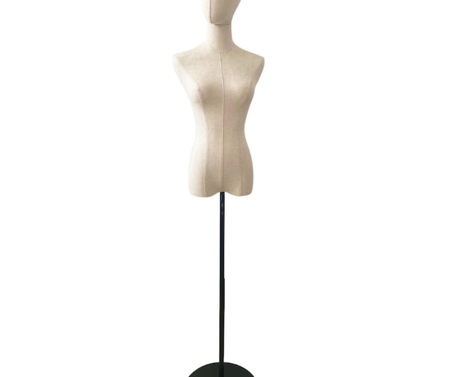 Adjustable Black Round Base Natural Linen Female Mannequin Half Body Dress Form Bonnie