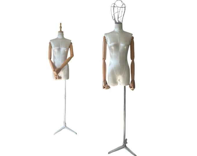 Adjustable White Tripod Base Wooden Arms White Satin Female Mannequin Dress Form White
