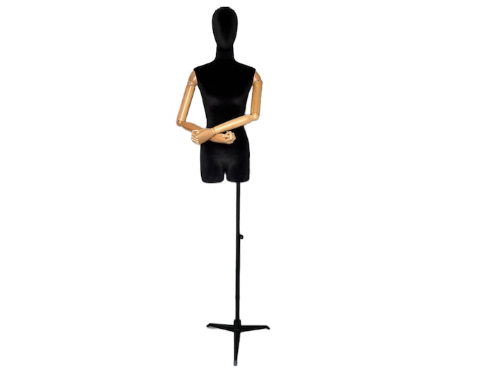 Black Tripod Base Hanging Wooden Arms Black Velvet Female Mannequin Dress Form Helga