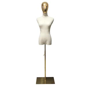 Minimalist Store Deco Adjustable Gold Base Natural Linen Gold Mannequin Head Female Mannequin Dress Form Chloe