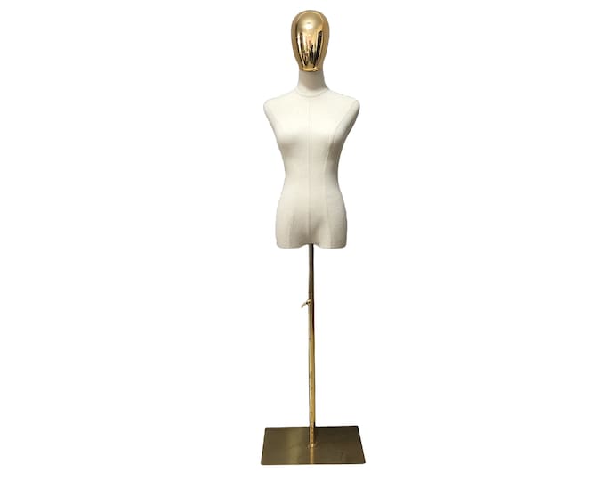 Minimalist Store Deco Adjustable Gold Base Natural Linen Gold Mannequin Head Female Mannequin Dress Form Chloe