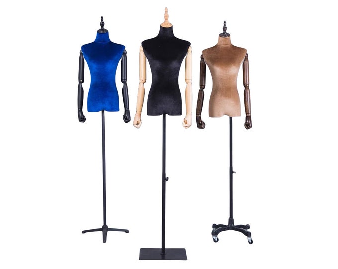 Black Tripod Base Wooden Articulated Arms Velvet Female Mannequin Dress Form Bobo