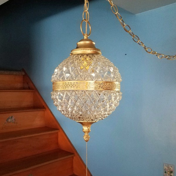 Vintage Diamond Faceted Pull Chain Plug-In Swag Lamp, Hollywood Regency 9 Inch Globe Swag Light
