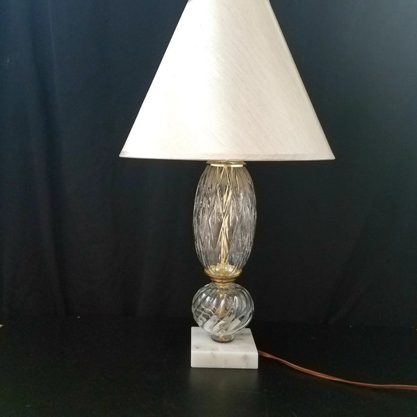 Vintage Small Glass Bedside Lamp with Marble Base, MCM Glass Boudoir Lamp,  14 Inches Tall