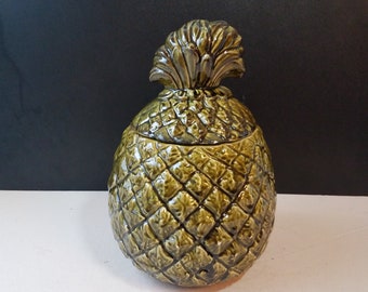 Retro 70's Avocado Green Pineapple Cookie Jar, 11.5 Inches Tall Ceramic Avocado Pineapple Canister Jar