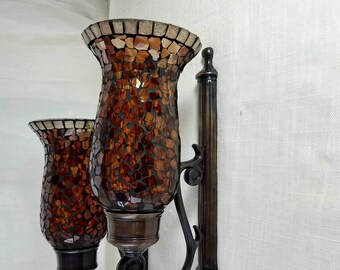 Set of 2, Elegant Bombay Company Bronze Candle Sconce with Stained Glass Mosaic Hurricanes, Mosaic Hurricane Candle Sconces