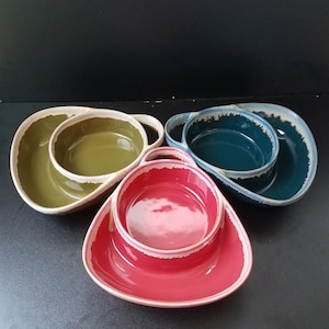 Colorful Ceramic Drip Soup and Cracker Bowls, Soup Mug with Cracker Tray, Also in Pale Pink