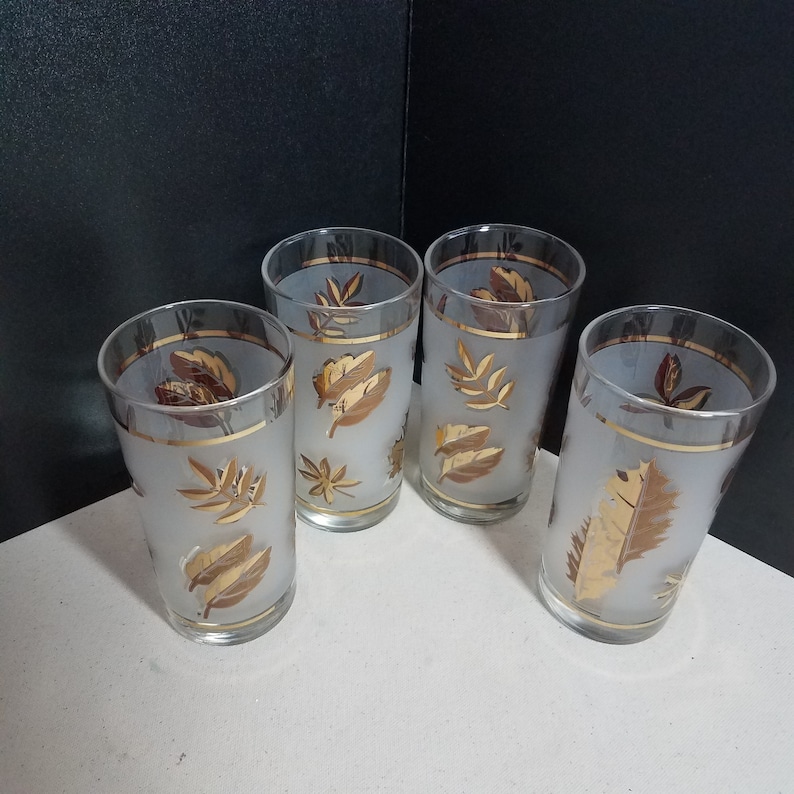 Set of 4 Frosted Gold Leaf Glasses MCM 1960s Tom Collins Etsy