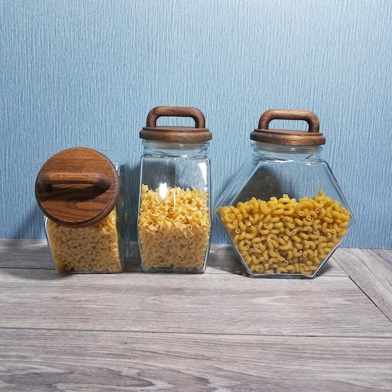 Vintage Glass Canister with Wooden Lid, 2.5 Quart Retro Jar with Wood Lid, Himark Clear Glass Cookie Jar