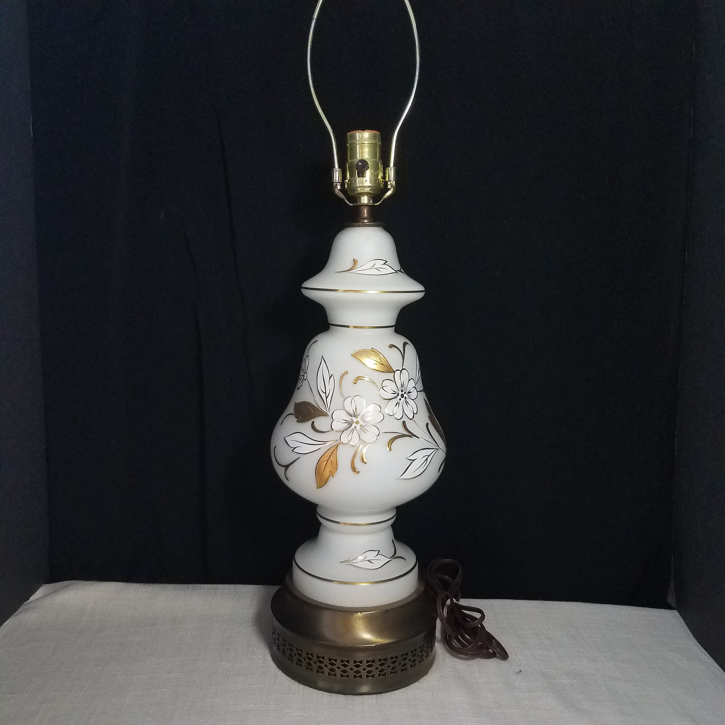 Stunning White Glass and Brass Lamp With Gilded Flowers, Mid