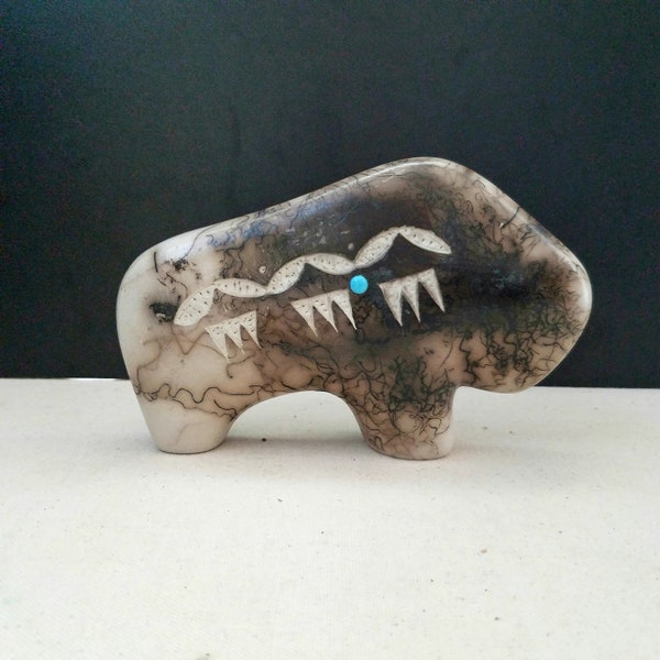 Navajo Horse Hair Pottery Buffalo Figurine, Signed TVail Jr, Horse Hair Buffalo