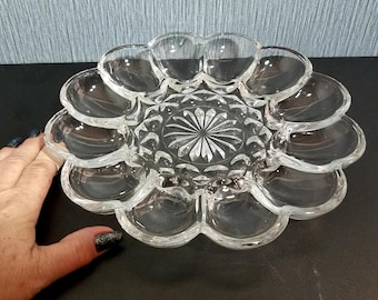 Vintage Clear Glass Deviled Egg Tray with Center Relish Compartment, 10 Inch Glass Deviled Egg Plate, Holds 12 Deviled Eggs