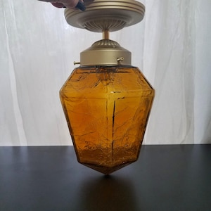 Vintage Amber Ice Glass Coachman's Ceiling Light, Amber Crackle Glass Ceiling Light Fixture