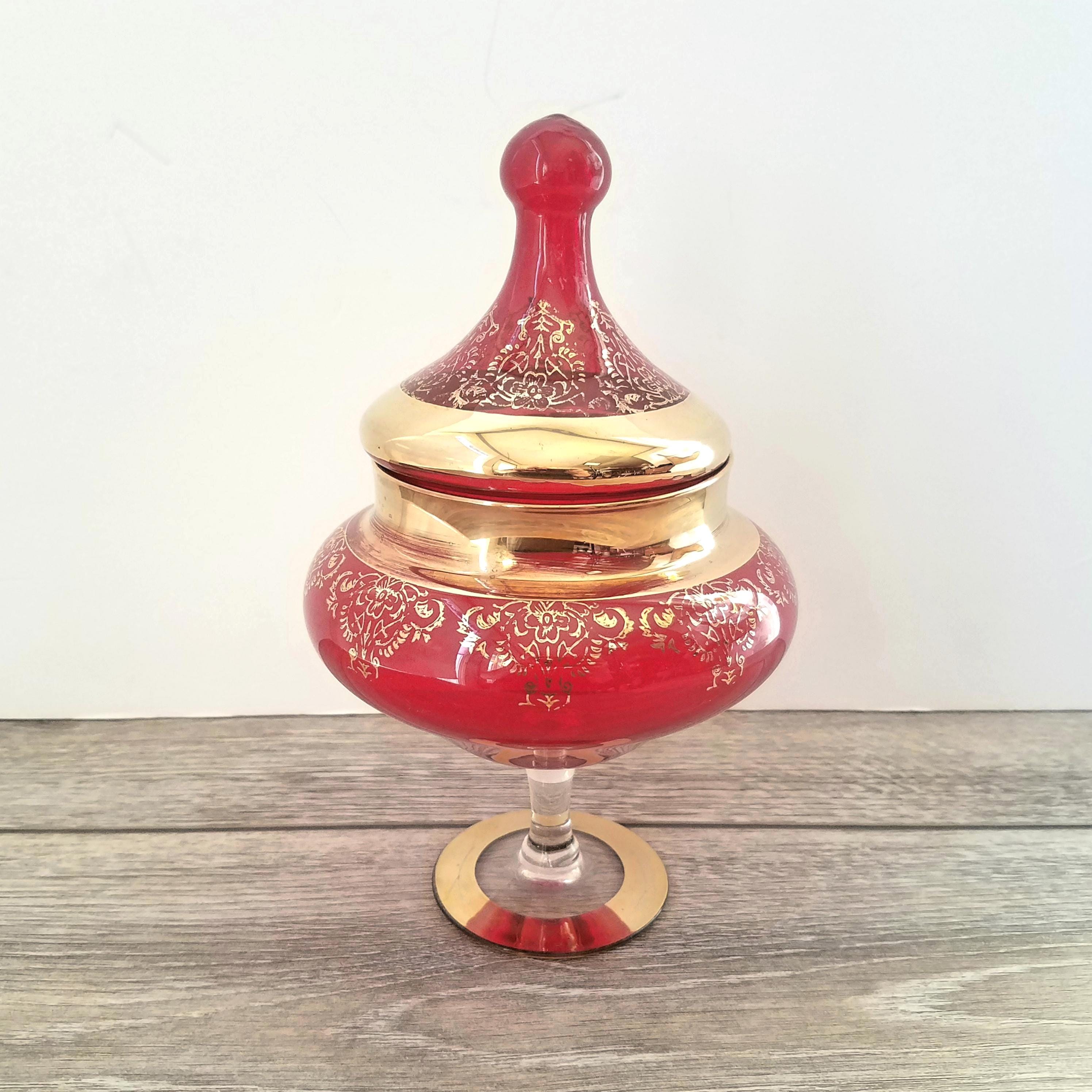 Vintage Bohemian Ruby Red and Gilded Gold Lidded Candy Dish, Hand Blown…